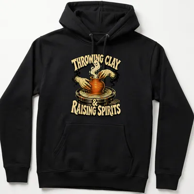 Vintage illustration of hands shaping pottery with a ghost, featuring Halloween-themed text — printed on a unisex hoodie