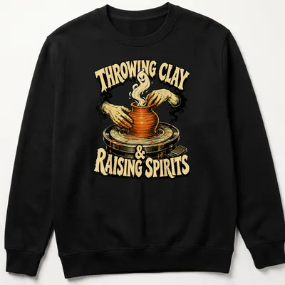 Vintage illustration of hands shaping pottery with a ghost, featuring Halloween-themed text — printed on a unisex sweatshirt