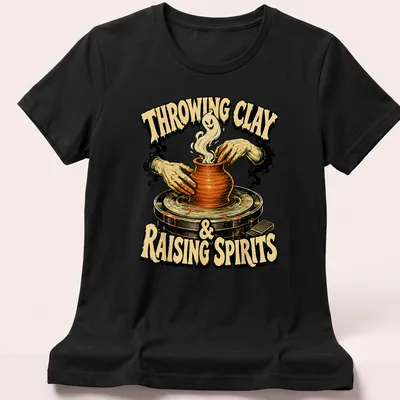 Vintage illustration of hands shaping pottery with a ghost, featuring Halloween-themed text — printed on a women's shirt