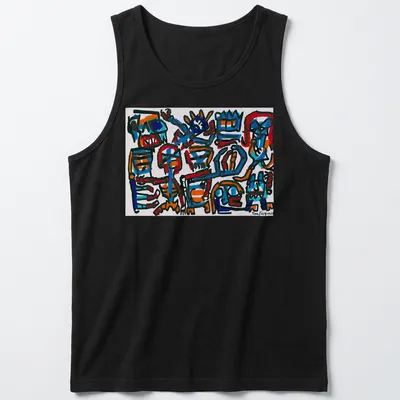 Bold line art of abstract colorful characters with 'Tim Ferguson' text. — printed on a tank top