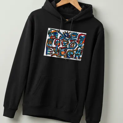 Bold line art of abstract colorful characters with 'Tim Ferguson' text. — printed on a unisex hoodie