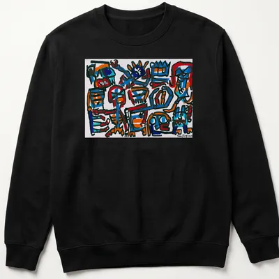 Bold line art of abstract colorful characters with 'Tim Ferguson' text. — printed on a unisex sweatshirt