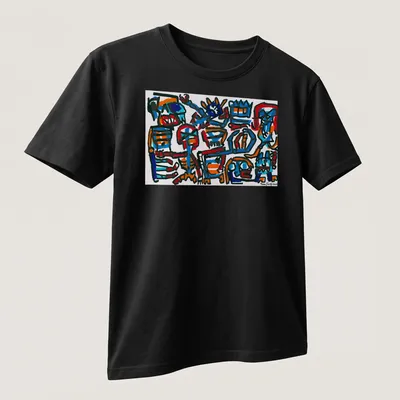 Bold line art of abstract colorful characters with 'Tim Ferguson' text. — printed on a unisex t-shirt (angled view)