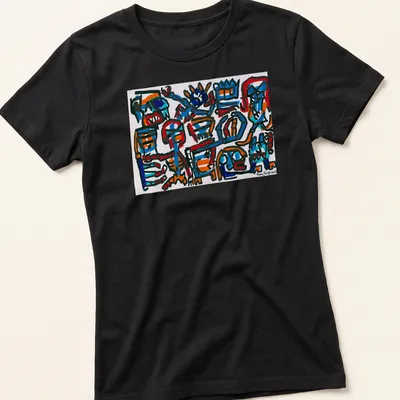 Bold line art of abstract colorful characters with 'Tim Ferguson' text. — printed on a women's shirt