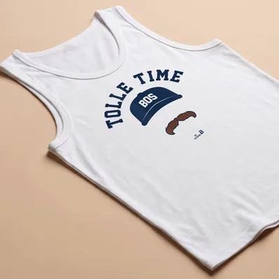 Bold printed text with a baseball cap and mustache graphic in navy blue and white — printed on a tank top