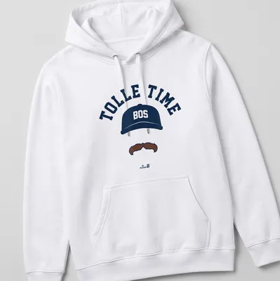Bold printed text with a baseball cap and mustache graphic in navy blue and white — printed on a unisex hoodie