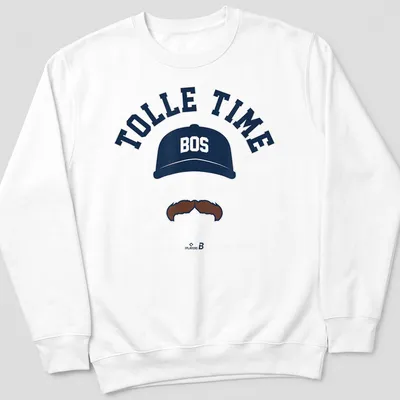 Bold printed text with a baseball cap and mustache graphic in navy blue and white — printed on a unisex sweatshirt