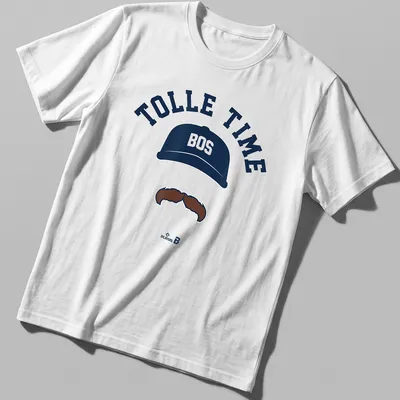 Bold printed text with a baseball cap and mustache graphic in navy blue and white
