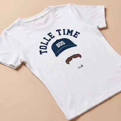 Bold printed text with a baseball cap and mustache graphic in navy blue and white — printed on a women's shirt