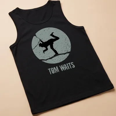 Vintage distressed t-shirt featuring a silhouette of Tom Waits with text — printed on a tank top