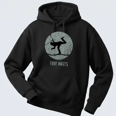 Vintage distressed t-shirt featuring a silhouette of Tom Waits with text — printed on a unisex hoodie