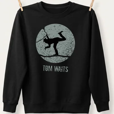 Vintage distressed t-shirt featuring a silhouette of Tom Waits with text — printed on a unisex sweatshirt