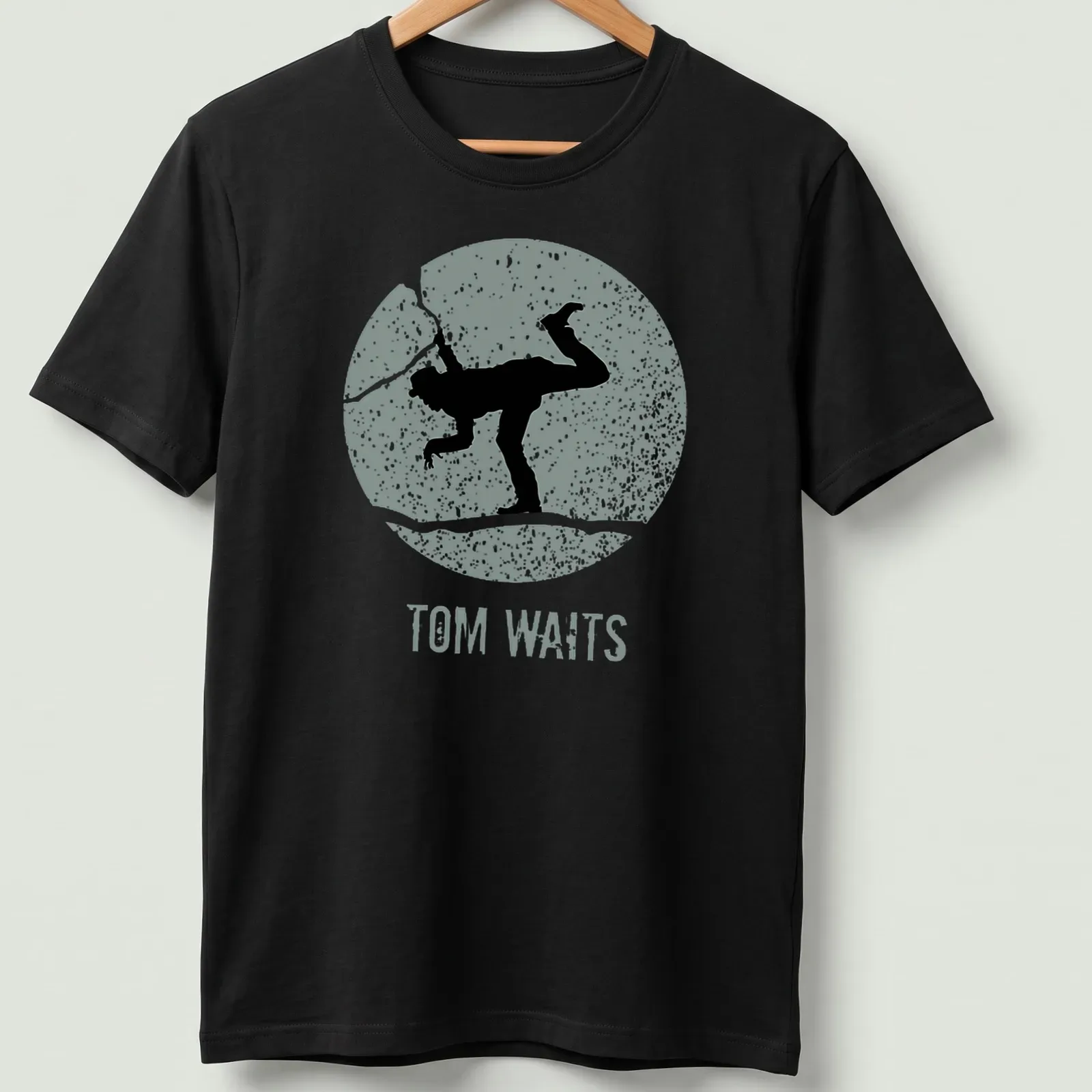 Vintage distressed t-shirt featuring a silhouette of Tom Waits with text — printed on a unisex t-shirt