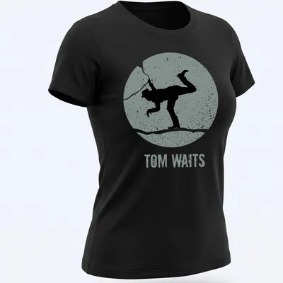 Vintage distressed t-shirt featuring a silhouette of Tom Waits with text — printed on a women's shirt