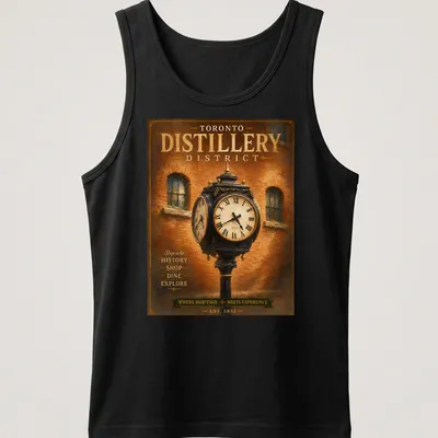 Vintage poster style T-shirt showcasing the Toronto Distillery District heritage clock. — printed on a tank top