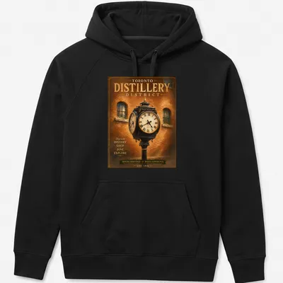 Vintage poster style T-shirt showcasing the Toronto Distillery District heritage clock. — printed on a unisex hoodie