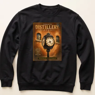 Vintage poster style T-shirt showcasing the Toronto Distillery District heritage clock. — printed on a unisex sweatshirt