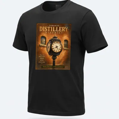 Vintage poster style T-shirt showcasing the Toronto Distillery District heritage clock.