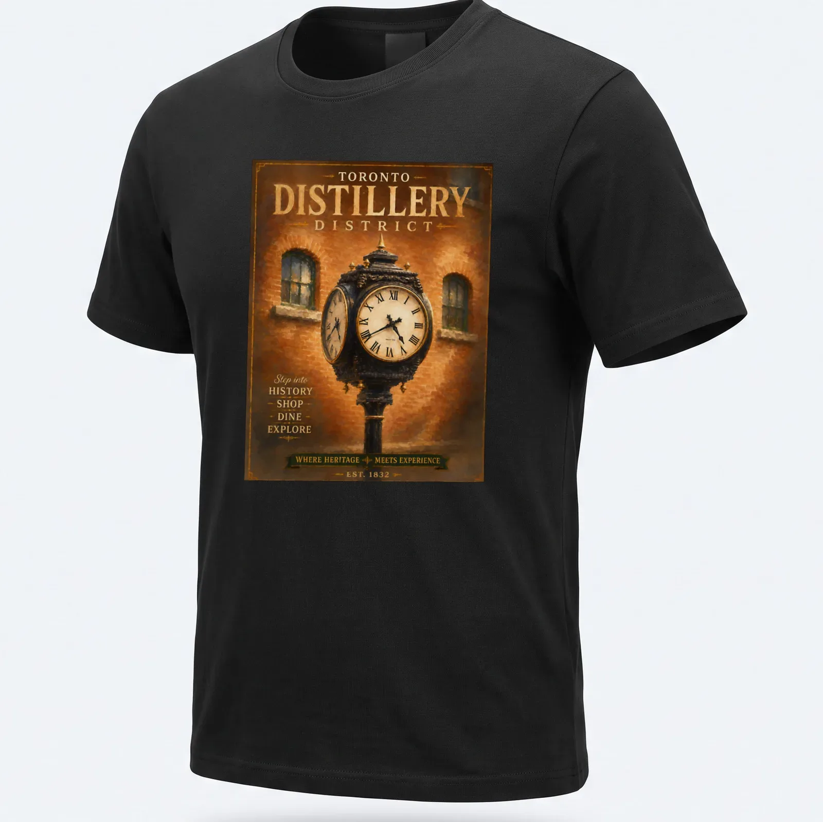 Vintage poster style T-shirt showcasing the Toronto Distillery District heritage clock. — printed on a unisex t-shirt