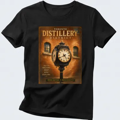 Vintage poster style T-shirt showcasing the Toronto Distillery District heritage clock. — printed on a women's shirt