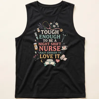 Whimsical illustration of a night shift nurse with medical items in vibrant colors — printed on a tank top
