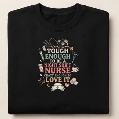 Whimsical illustration of a night shift nurse with medical items in vibrant colors — printed on a unisex sweatshirt