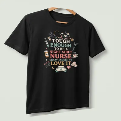 Whimsical illustration of a night shift nurse with medical items in vibrant colors — printed on a unisex t-shirt (angled view)