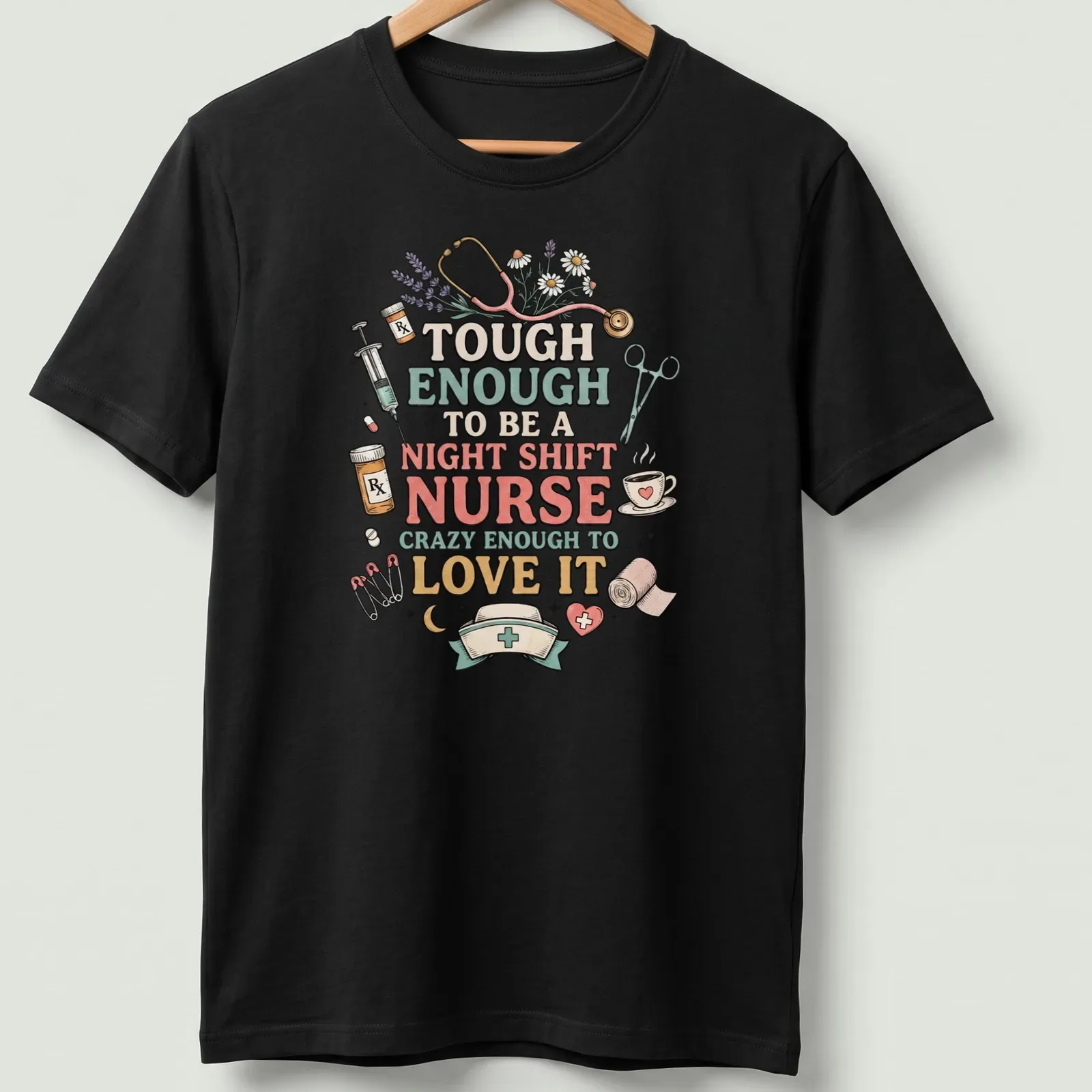 Whimsical illustration of a night shift nurse with medical items in vibrant colors — printed on a unisex t-shirt