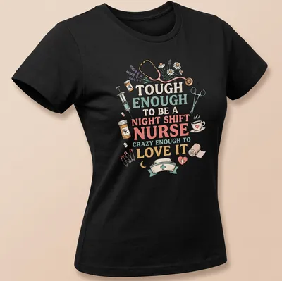 Whimsical illustration of a night shift nurse with medical items in vibrant colors — printed on a women's shirt