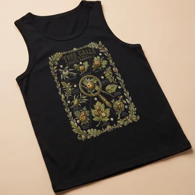 Botanical illustration of tree galls in various colors on — printed on a tank top