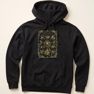 Botanical illustration of tree galls in various colors on — printed on a unisex hoodie