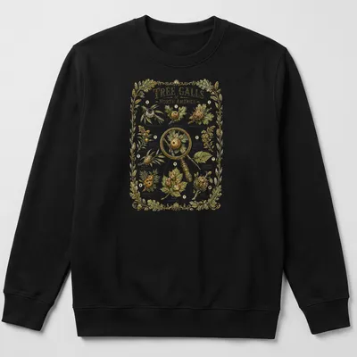 Botanical illustration of tree galls in various colors on — printed on a unisex sweatshirt