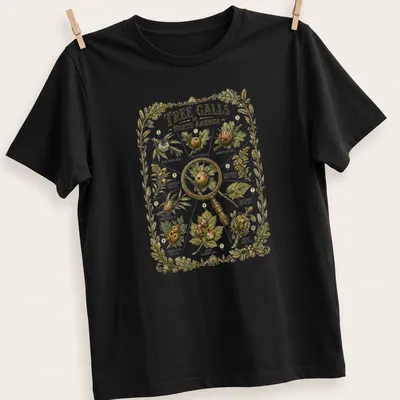 Botanical illustration of tree galls in various colors on T-shirt