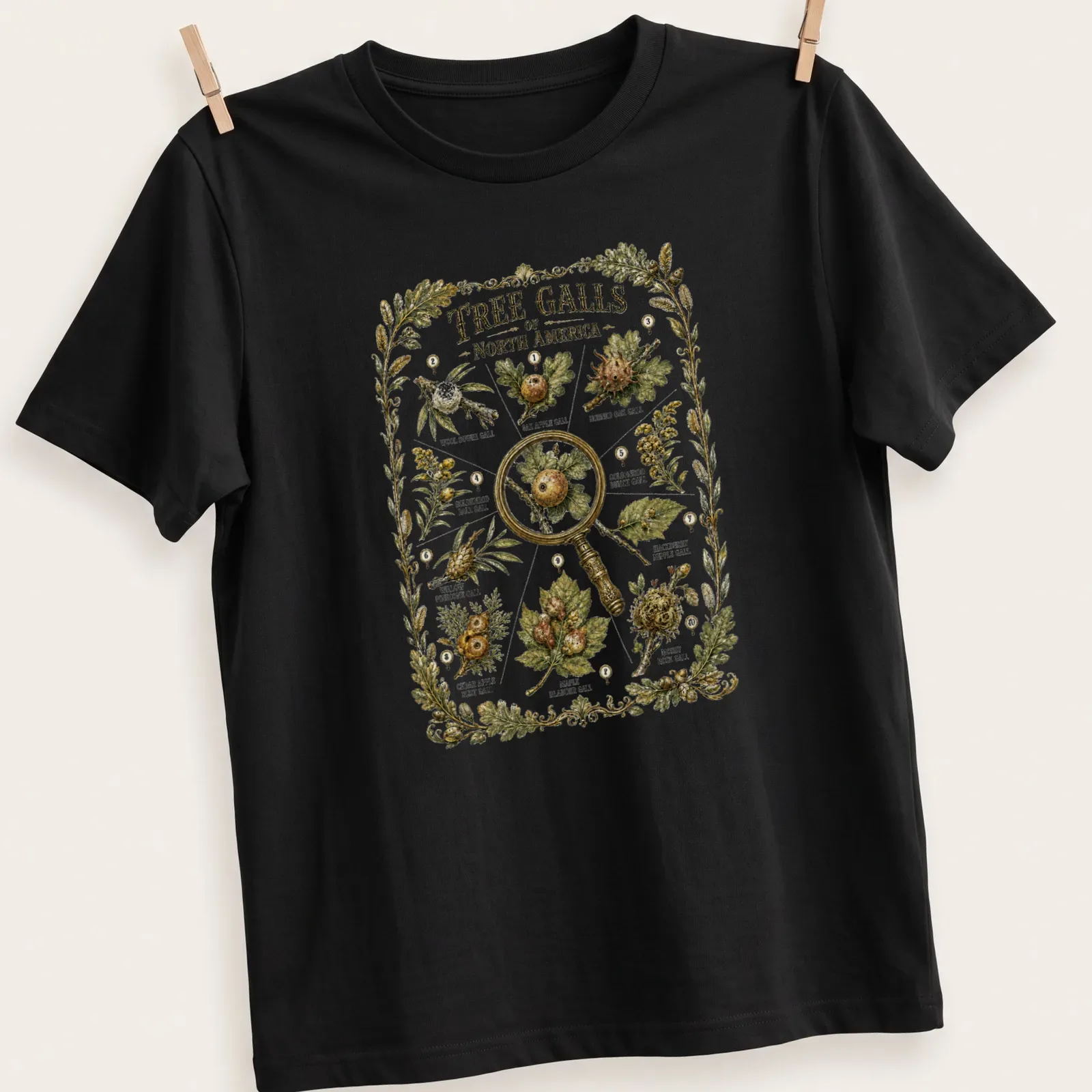 Botanical illustration of tree galls in various colors on — printed on a unisex t-shirt