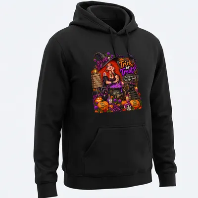 Vibrant Halloween t-shirt with a witch, cauldron, and playful text — printed on a unisex hoodie