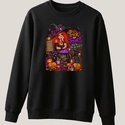 Vibrant Halloween t-shirt with a witch, cauldron, and playful text — printed on a unisex sweatshirt