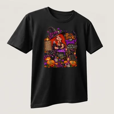 Vibrant Halloween t-shirt with a witch, cauldron, and playful text — printed on a unisex t-shirt (angled view)