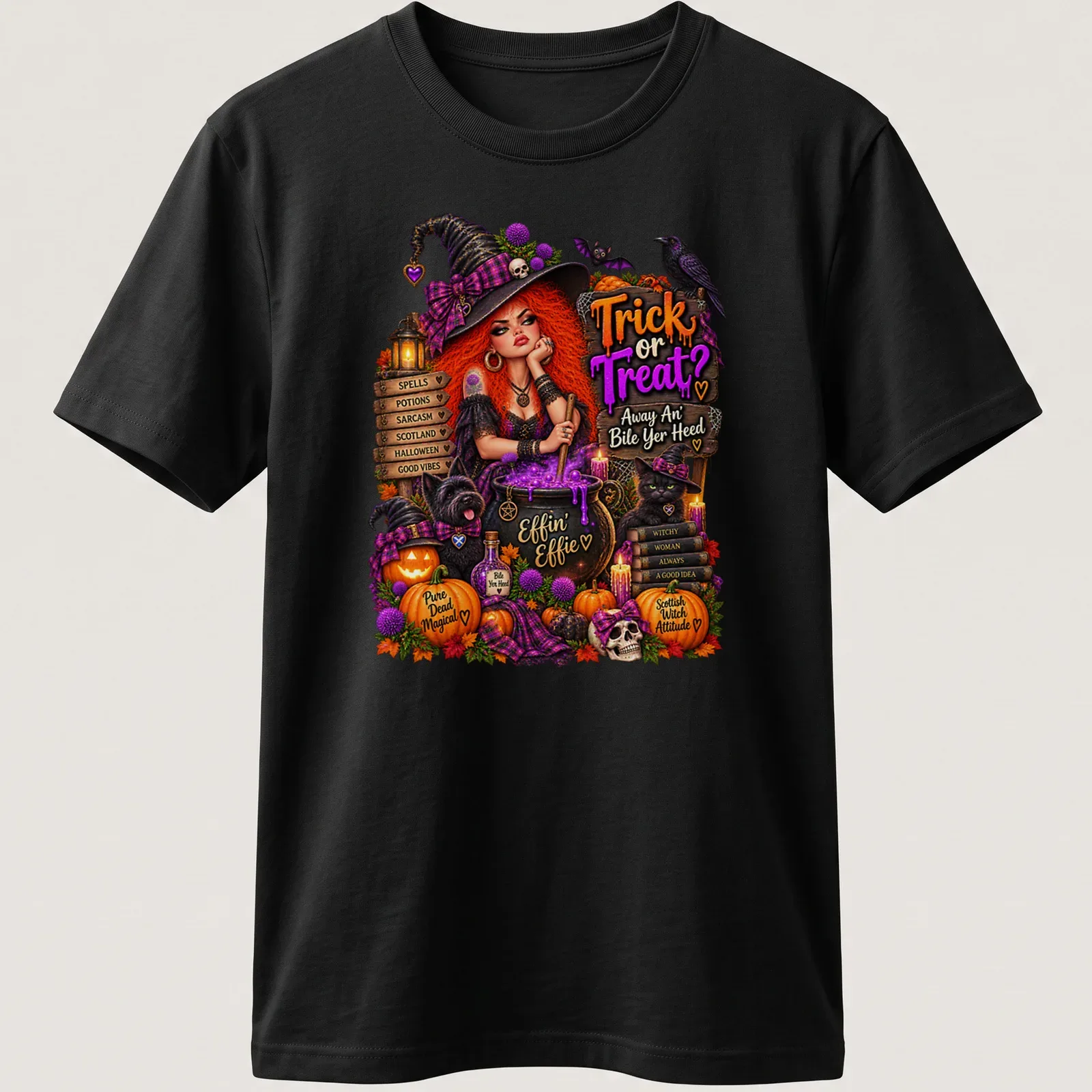 Vibrant Halloween t-shirt with a witch, cauldron, and playful text — printed on a unisex t-shirt