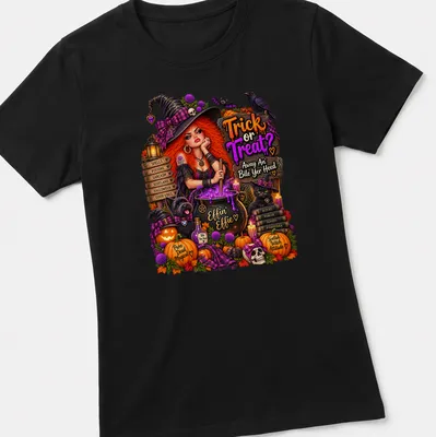 Vibrant Halloween t-shirt with a witch, cauldron, and playful text — printed on a women's shirt