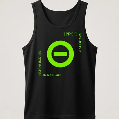 Bold graphic Type O Negative shirt with neon green and white text and minus sign symbol — printed on a tank top