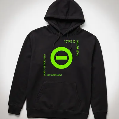 Bold graphic Type O Negative shirt with neon green and white text and minus sign symbol — printed on a unisex hoodie