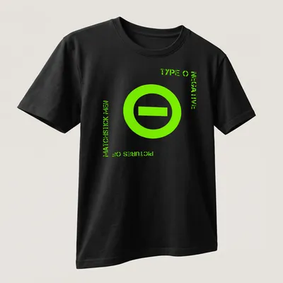 Bold graphic Type O Negative shirt with neon green and white text and minus sign symbol — printed on a unisex t-shirt (angled view)