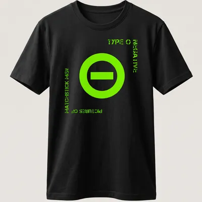 Bold graphic Type O Negative shirt with neon green and white text and minus sign symbol