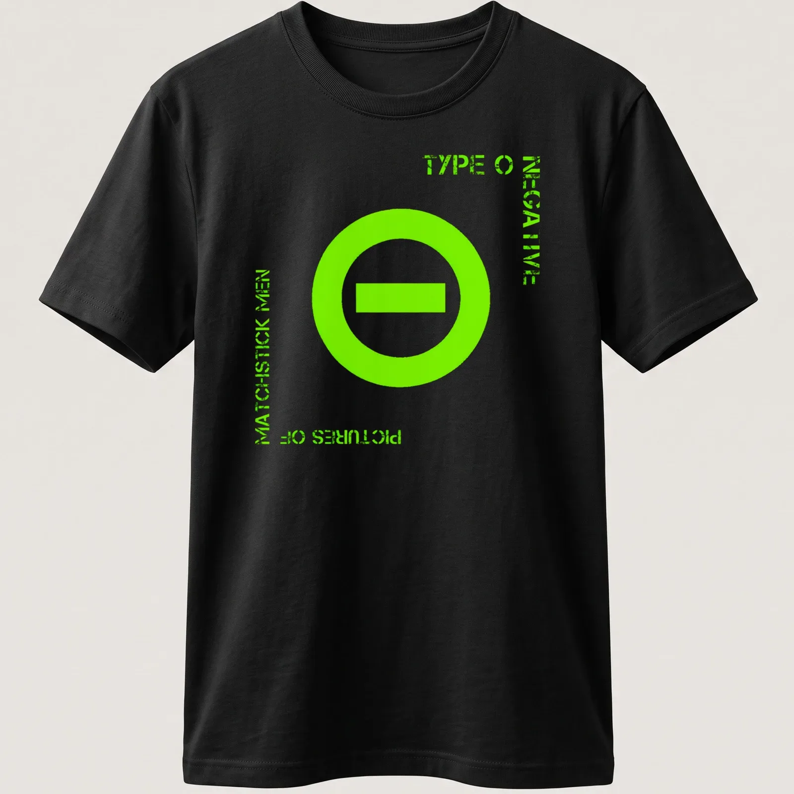 Bold graphic Type O Negative shirt with neon green and white text and minus sign symbol — printed on a unisex t-shirt