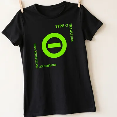 Bold graphic Type O Negative shirt with neon green and white text and minus sign symbol — printed on a women's shirt