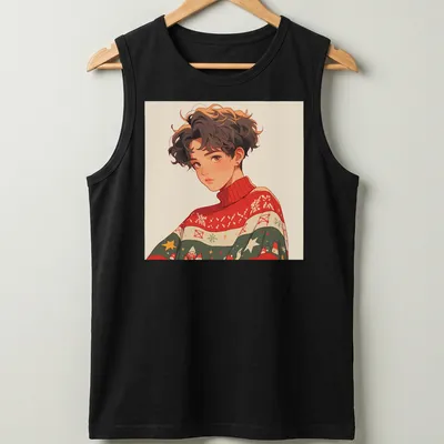 Anime illustration of a person wearing an ugly Christmas sweater in vibrant colors — printed on a tank top