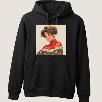Anime illustration of a person wearing an ugly Christmas sweater in vibrant colors — printed on a unisex hoodie