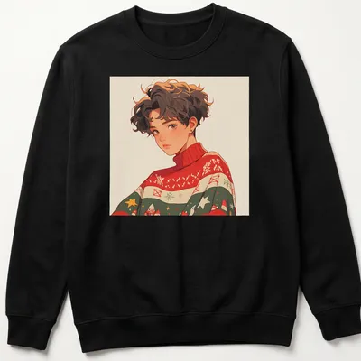 Anime illustration of a person wearing an ugly Christmas sweater in vibrant colors — printed on a unisex sweatshirt