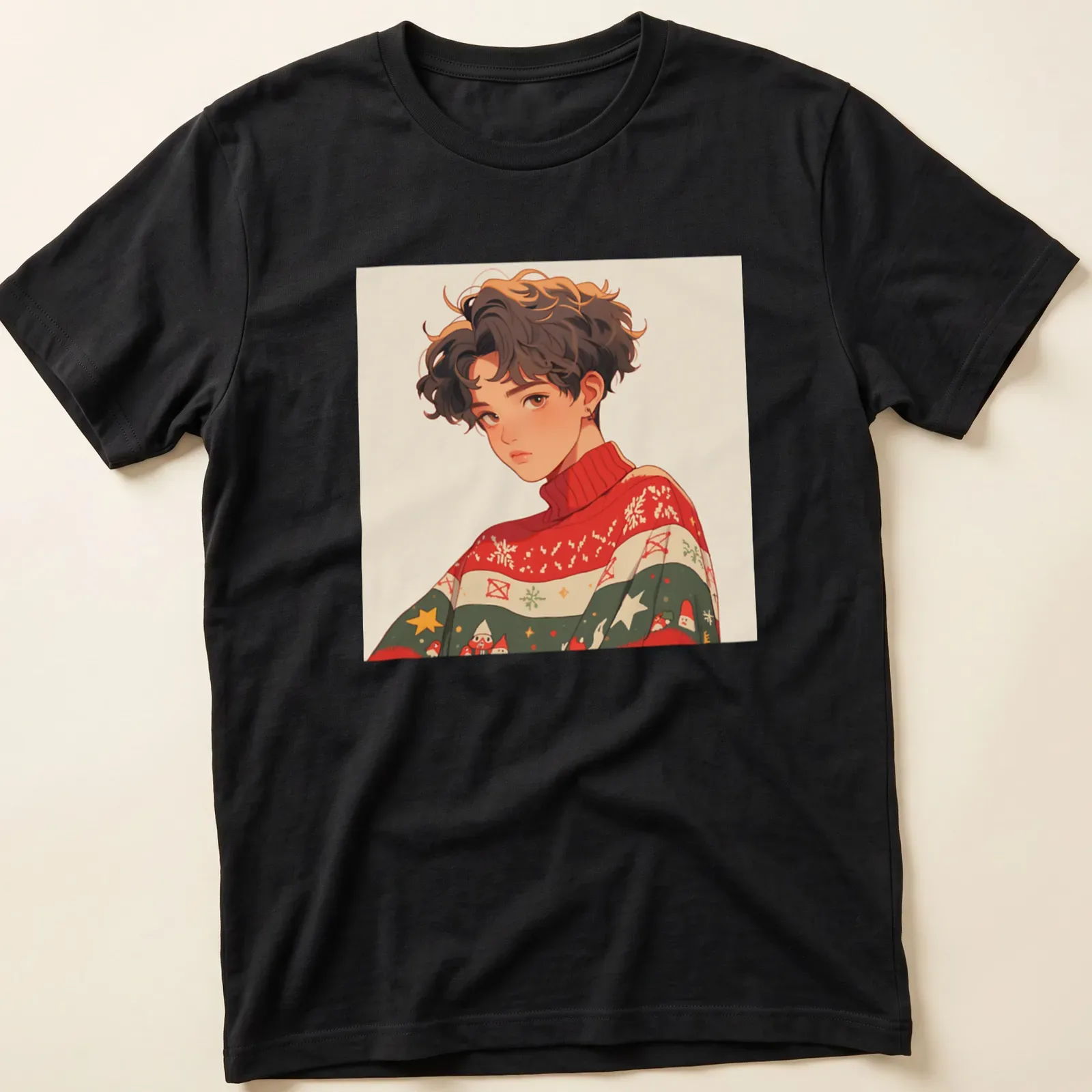 Anime illustration of a person wearing an ugly Christmas sweater in vibrant colors — printed on a unisex t-shirt