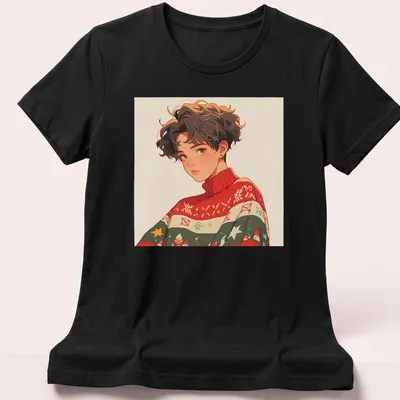 Anime illustration of a person wearing an ugly Christmas sweater in vibrant colors — printed on a women's shirt